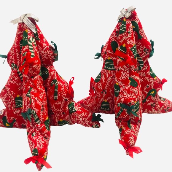 Two Vintage Quilted Fabric 8" Christmas Trees Bows Holiday Table Decor - Picture 6 of 11